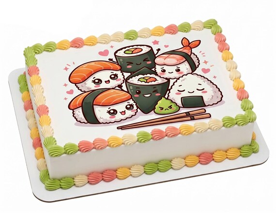 Kawaii Sushi Edible Cake Topper, Cute Sushi Characters Frosting Sheet Image, Kids Birthday ~ D30071