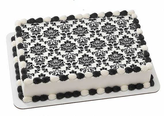 Black White Damask Edible Cake Topper, Elegant Floral Frosting Sheet Image, Victorian Pattern ~ D799