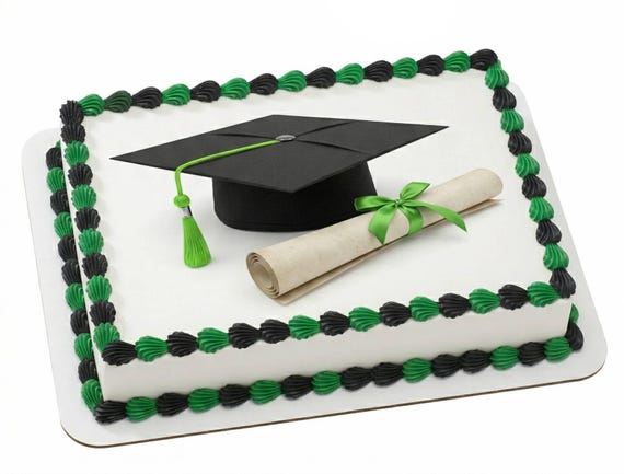Graduation Cap Diploma Green Tassel Edible Cake Topper, Commencement Frosting Sheet Image, Grad Party Decor ~ D22884