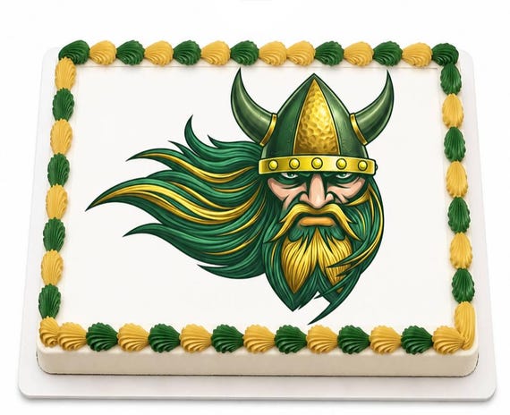 Green Gold Viking Warrior Edible Cake Topper, Norse Horned Helmet Frosting Sheet Image, Mascot Beard School Team ~ D24636