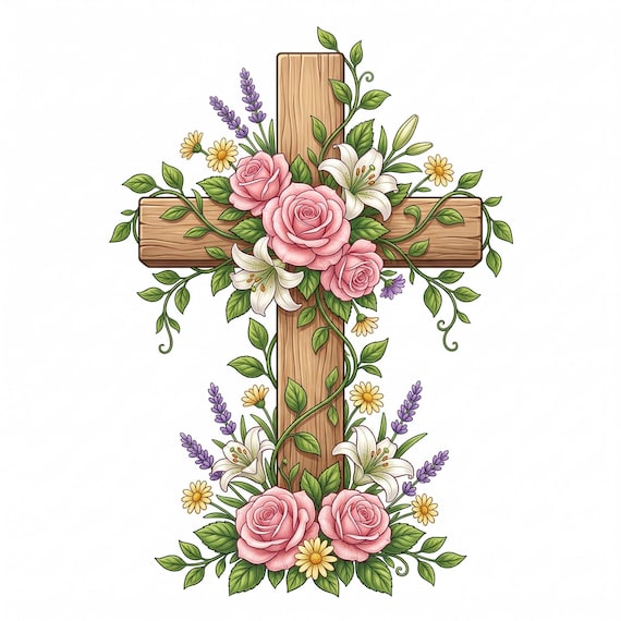 Easter Cross Spring Flowers Edible Cake Topper Cupcake Image Religious Decor Personalized (9 Size Options) D30023