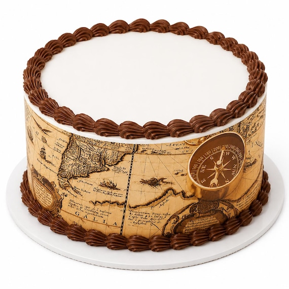 Vintage Map Edible Cake Side Strips, Old World Compass Frosting Wrap