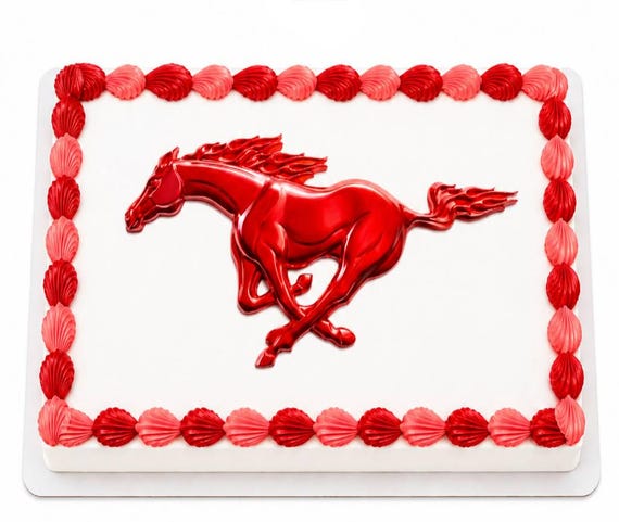 Red Chrome Mustang Stallion Edible Cake Topper, Galloping Horse Mascot Frosting Sheet Image, Metallic Bronco Team ~ D30004