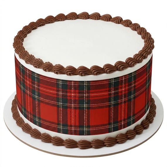 Red Tartan Plaid Edible Cake Side Strips, Scottish Holiday Party Frosting Sheet Wrap Decoration ~ D24193
