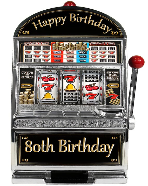 Las Vegas Happy 80th Birthday Slot Machine ~ Edible 2D Fondant Birthday Cake/Cupcake Topper ~ D22769