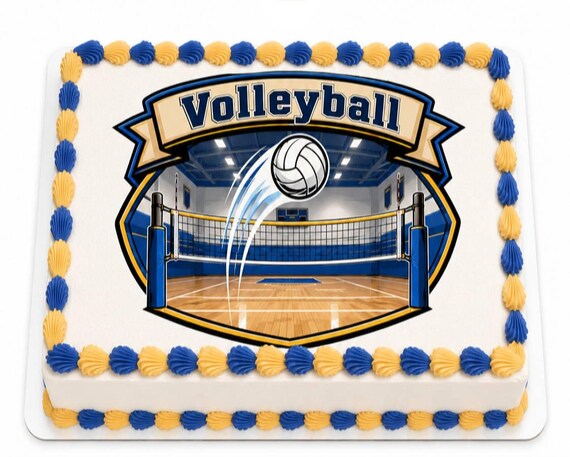 Volleyball Court Net Edible Cake Topper, Blue Gold Crest Banner Frosting Sheet Image, Indoor Gym Sports Party ~ D30121