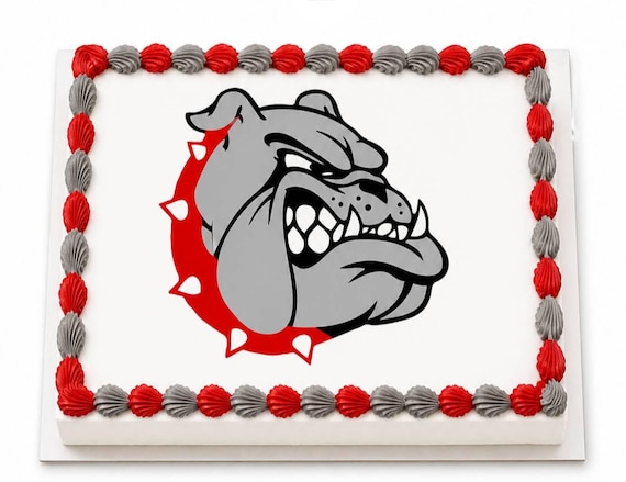 Red Gray Bulldog Mascot Edible Cake Topper, Spiked Collar School Team Frosting Sheet Image, Fierce Dawg Spirit ~ D24468