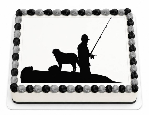 Fisherman Dog Edible Cake Topper, Fishing Birthday Frosting Sheet Image ~ D4001