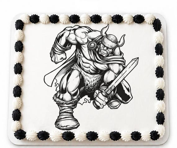 Viking Warrior Mascot Edible Cake Topper, School Spirit Frosting Sheet Image, Black White Viking ~ D967