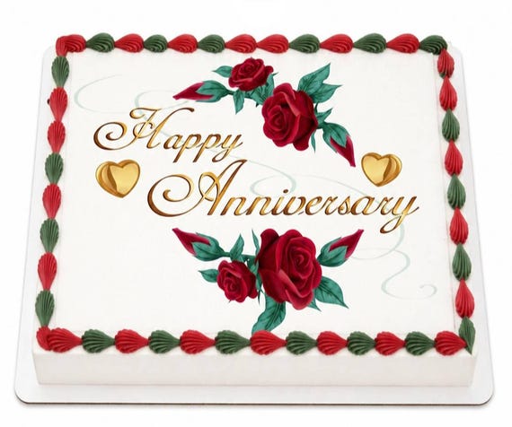 Happy Anniversary Red Roses Edible Cake Topper, Gold Hearts Romantic Frosting Sheet Image, Elegant ~ D2281