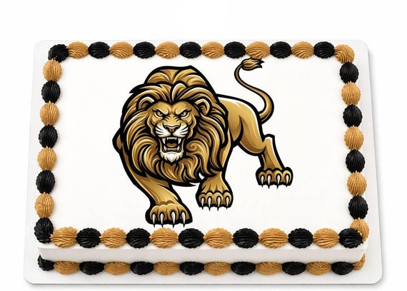 Lion Mascot Edible Cake Topper, School Spirit Frosting Sheet Image, Gold Black Lions Sports Team ~ D941
