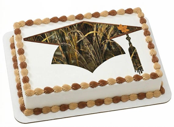 Camo Graduation Cap Hunting Edible Cake Topper, Camouflage Grad Frosting Sheet Image, Country Party Decor ~ D24518