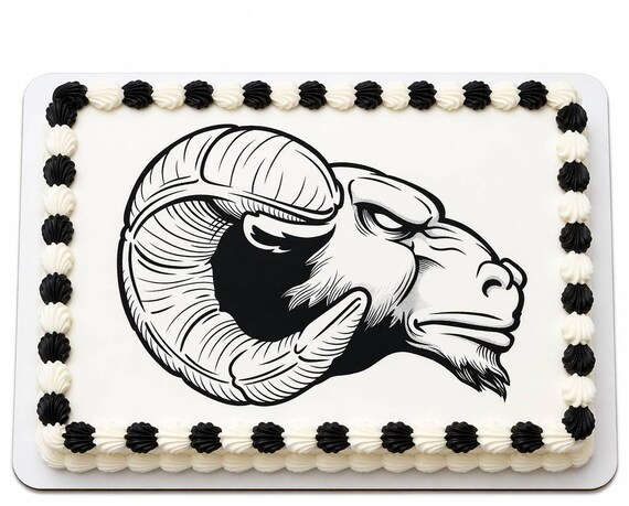 Ram Mascot Edible Cake Topper, School Spirit Frosting Sheet Image, Black White Ram Head ~ D955