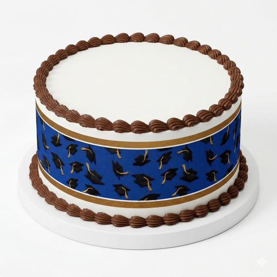Blue Graduation Caps Tassels Edible Cake Side Strips, Grad Party Frosting Sheet Wrap Decoration ~ D2928