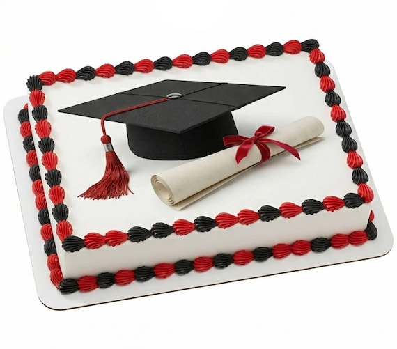 Graduation Cap Diploma Red Tassel Edible Cake Topper, Commencement Frosting Sheet Image, Grad Party Dessert Decor ~ D22882