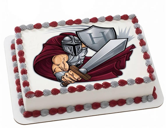 Knight Warrior Mascot Edible Cake Topper, School Spirit Frosting Sheet Image, Red Silver Knight ~ D857