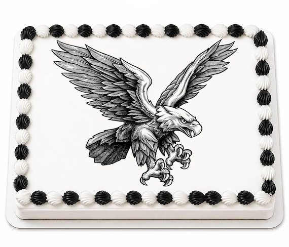 Eagle Mascot Edible Cake Topper, School Spirit Frosting Sheet Image, Black White Diving Eagle ~ D931