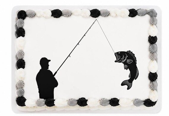 Fishing Silhouette Edible Cake Topper, Fisherman Frosting Sheet Image, Angler Birthday Decor ~ D21530
