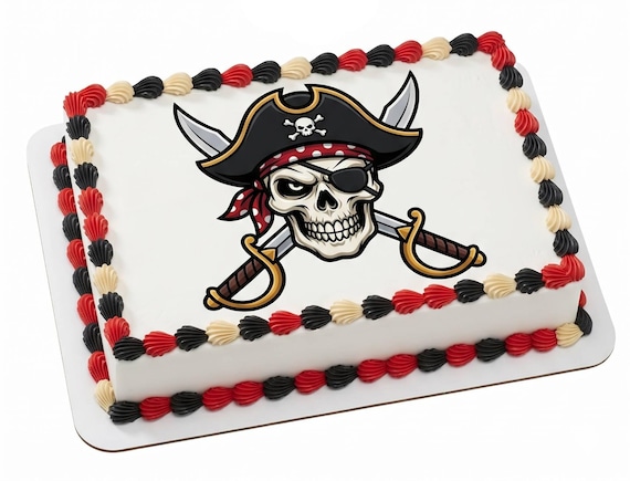 Pirate Skull Mascot Edible Cake Topper, School Spirit Frosting Sheet Image, Red Black Pirates ~ D30081