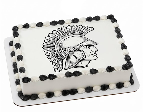 Trojan Spartan Mascot Edible Cake Topper, School Spirit Frosting Sheet Image, Black White Warrior ~ D847