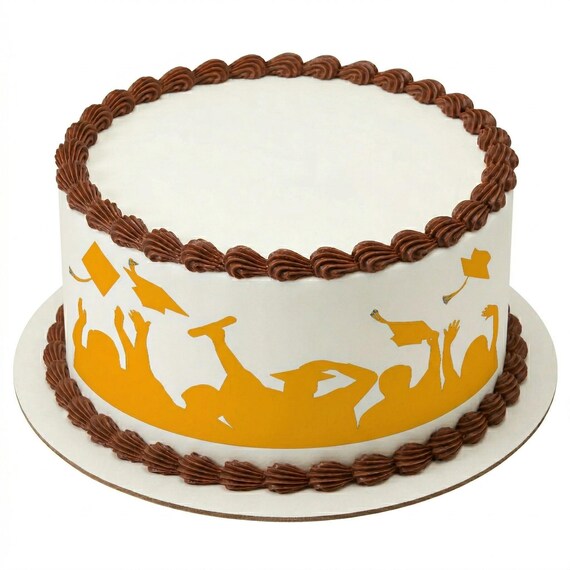 Gold Graduation Cap Toss Silhouette Edible Cake Side Strip, Commencement Frosting Sheet Image, Grad Party Decor ~ D24553