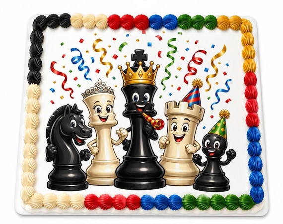 Cartoon Chess Party Edible Cake Topper, Colorful Kids Birthday Frosting Sheet Image ~ D30251