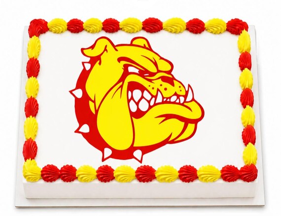 Yellow Red Bulldog Mascot Edible Cake Topper, Spiked Collar School Team Frosting Sheet Image, Fierce Dawg Pride ~ D24638
