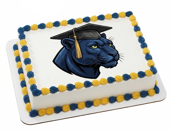 Panther Graduation Cap Mascot Edible Cake Topper, Blue Gold School Spirit Frosting Sheet Image, Grad Party Decor ~ D30012
