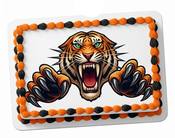 Tiger Mascot Edible Cake Topper, School Spirit Frosting Sheet Image, Orange Black Claws Tigers ~ D852