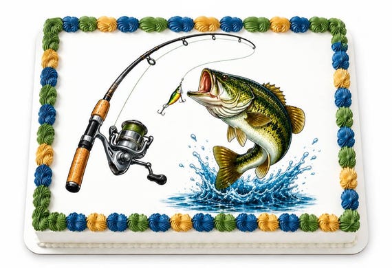 Bass Fishing Edible Cake Topper, Fishing Birthday Frosting Sheet Image ~ D30211