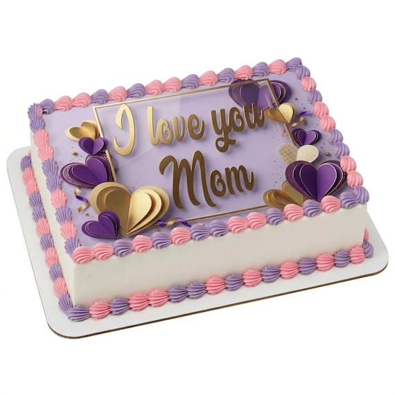 Love You Mom Heart 2D Edible Cake Topper, Purple Gold Frosting Sheet D30031