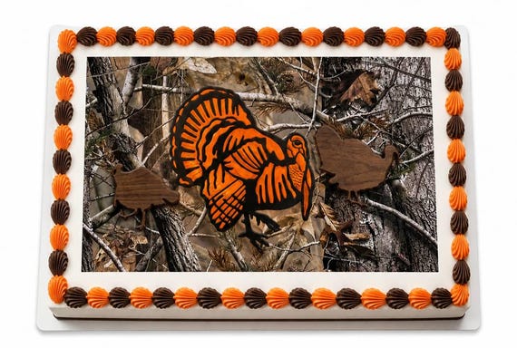 Blaze Orange Turkey Hunting Edible Cake Topper, Camo Frosting Sheet Image, Outdoorsman Birthday ~ D10099