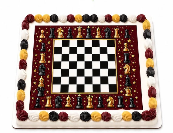 Chess Board Pieces Edible Cake Topper, Birthday Frosting Sheet Image, Red Gold Black ~ D30242