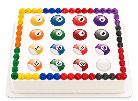 Billiard Pool Balls Edible Cake Topper, Colorful Numbered Solids Stripes Frosting Sheet Image, Game Room Table ~ D22563