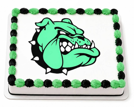 Green Bulldog Mascot Spiked Collar Edible Cake Topper, School Team Frosting Sheet Image, Dawgs ~ D22486
