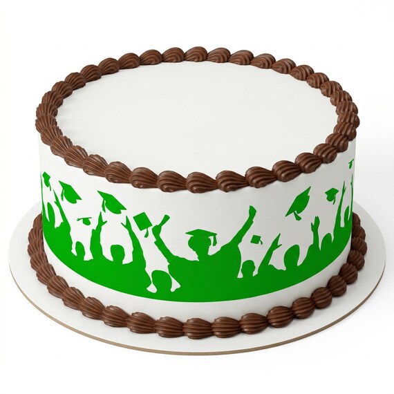 Green Graduation Cap Toss Silhouette Edible Cake Side Strip, Commencement Frosting Sheet Image, Grad Party Decor ~ D24556