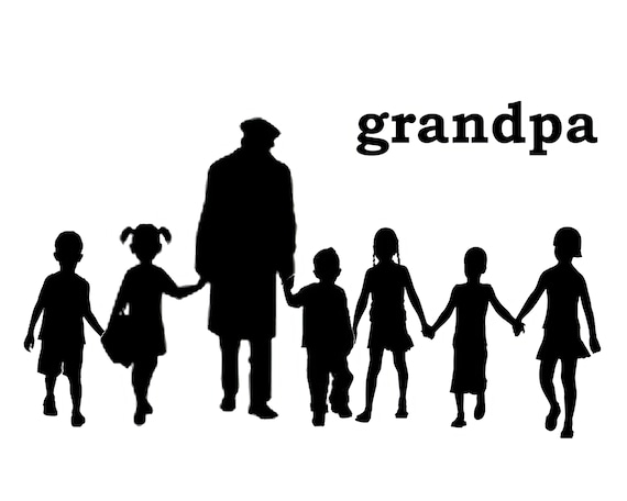 Grandpa and Grandkids Birthday Silhouette - 2D Fondant Edible Cake & Cupcake Topper For Birthdays and Parties! - D24343