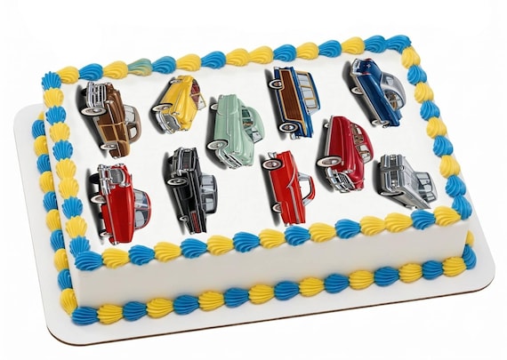 Vintage Classic Cars Edible Cake Topper, Retro 1950s Auto Birthday Frosting Sheet Decoration ~ D7652