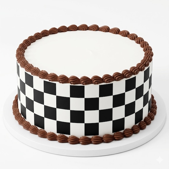 Checkered Edible Cake Side Strip, Black White Checkerboard Frosting Sheet Decoration ~ D20465