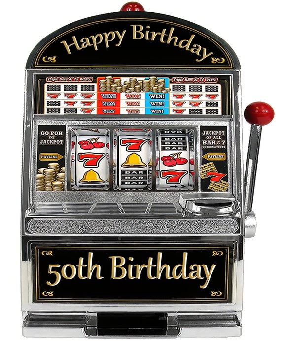 Las Vegas Happy 50th Birthday Slot Machine ~ Edible 2D Fondant Birthday Cake/Cupcake Topper ~ D22766