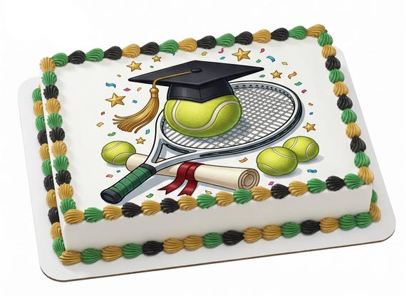 Tennis Graduation Cap Diploma Edible Cake Topper, Sports Grad Celebration Frosting Sheet Decoration ~ D30059