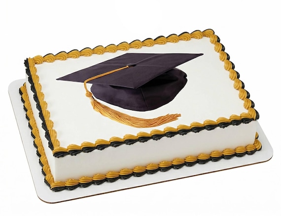 Black Graduation Cap Gold Tassel Edible Cake Topper, Grad Celebration Frosting Sheet Decoration ~ D1335