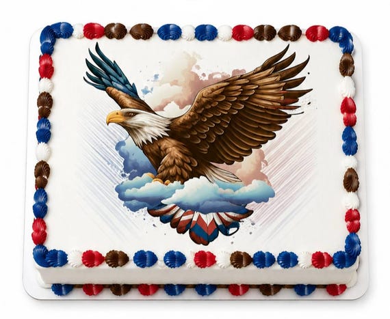 Patriotic Bald Eagle Edible Cake Topper, American Flag Frosting Sheet, USA Birthday Decor ~ D24784