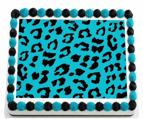 Teal Leopard Print Edible Cake Topper, Black Cheetah Pattern Frosting Sheet Image, Animal Spots ~ D190