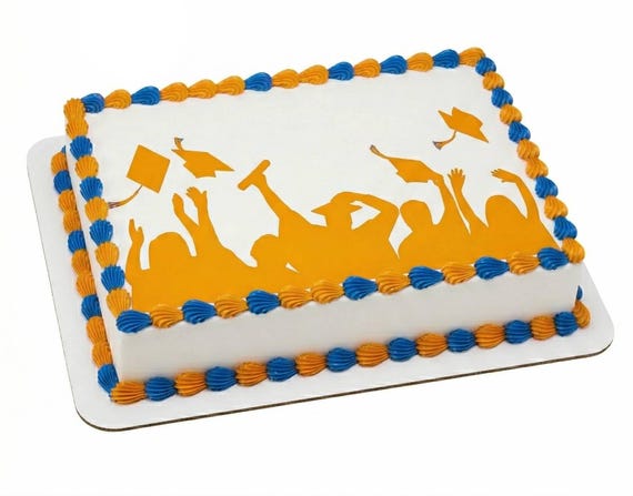 Orange Graduation Silhouette Cap Toss Edible Cake Topper, Celebration Frosting Sheet Image, Commencement Party Decor ~ D24577