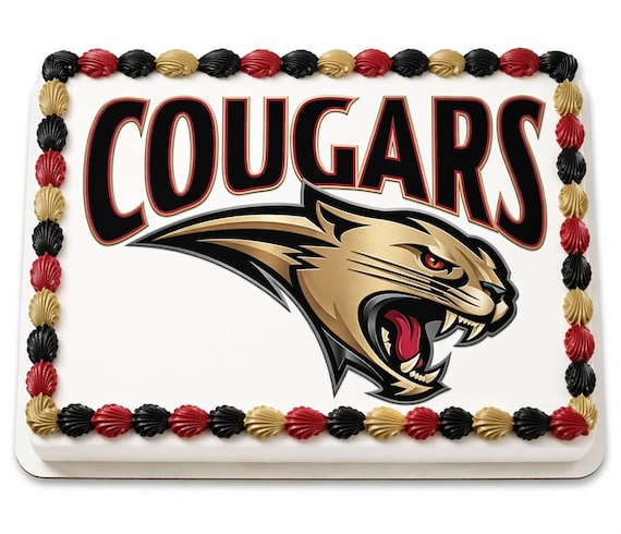 Cougars Mascot Edible Cake Topper, School Spirit Frosting Sheet Image, Black Gold Cougars Sports ~ D928