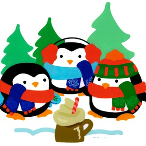 May include: Illustration of three cartoon penguins in winter attire, including scarves, hats, and earmuffs. They are standing in front of green trees and a cup of hot chocolate with a straw. The penguins are black, white, red, blue, and green.