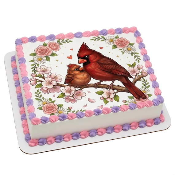 Cardinal Bird Edible Cake Topper, Floral Spring Frosting Sheet Decoration D30046