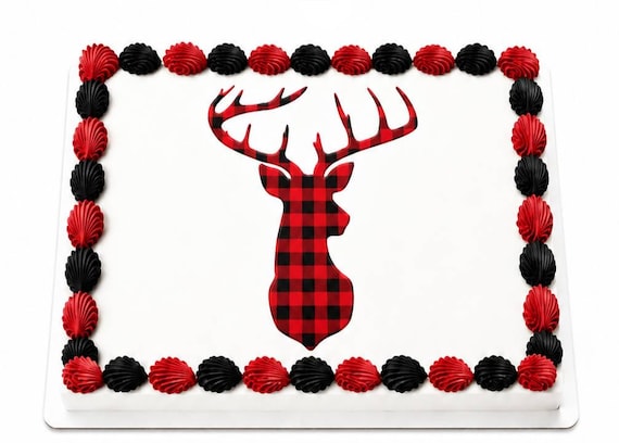 Buffalo Plaid Deer Edible Cake Topper, Rustic Christmas Frosting Sheet, Hunting Party ~ D1506