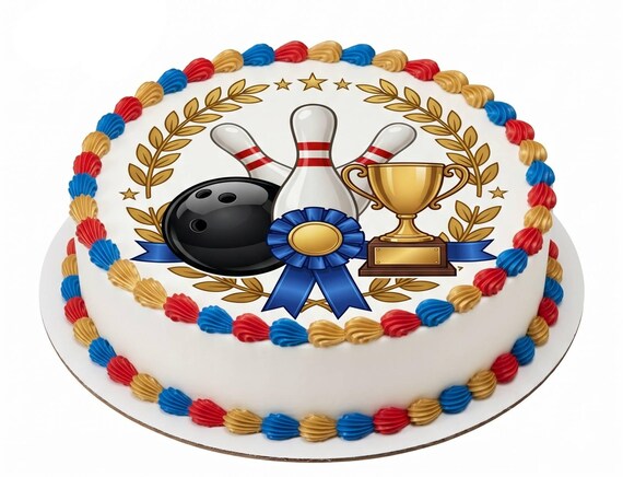 Bowling Trophy Edible Cake Topper, Champion Bowling Frosting Sheet Decoration ~ D30068